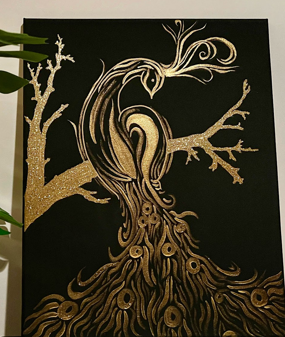 a large black canvas with gold paint. A glittering gold branch extends across the center of the page, part of the branch extending upwards on the left side of the painting. In the center sits a golden abstract peacock with it's tail feather flowing out below it. It's head is titled to the right with swirling plumes of feathers coming off the crest.