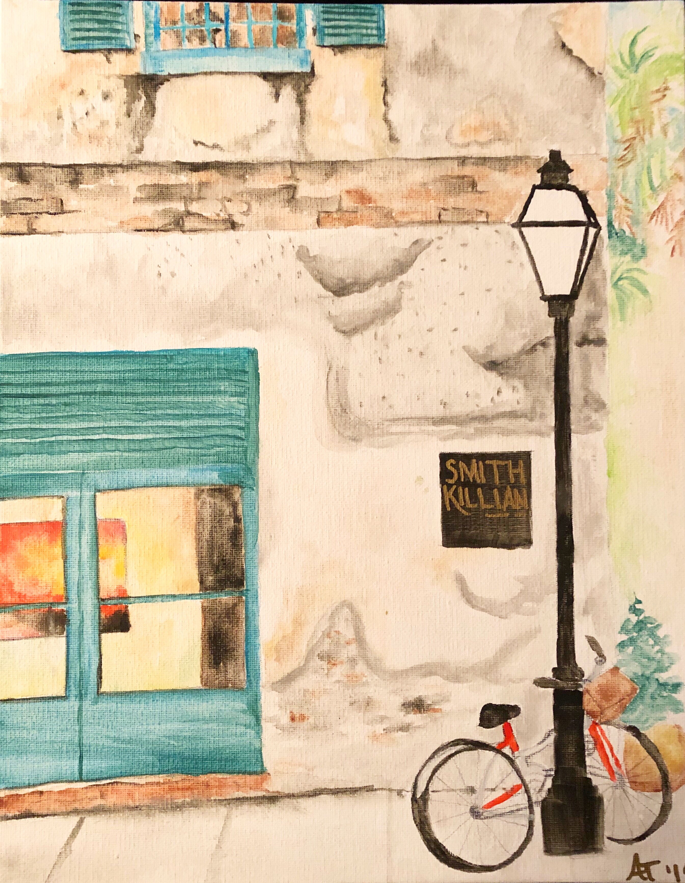 A close up of the corner of an art gallery. The building is concrete and has many weathered areas. Two large blue doors sit on the far left with a view into the art gallery. A black Smith Killian sign hangs on the right. A black lamp post with a red bike propped against it blocks the sidewalk on the right side of the painting.