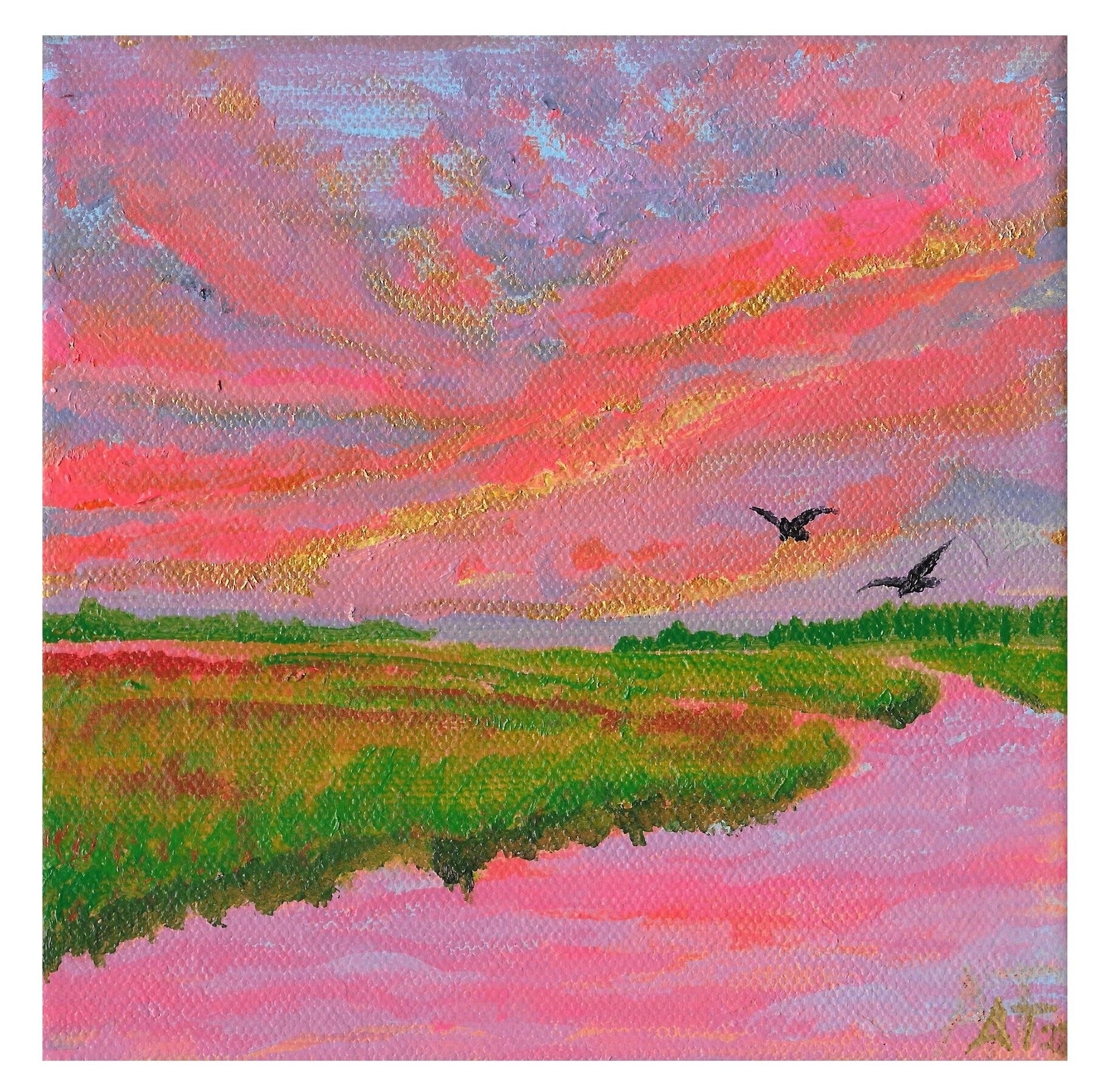 A vibrant pink acrylic painting depicting a vivid sunset over the marsh. The pink and lavender clouds edged with gold explode in stripes over a river of water cutting through the grassy green marsh. The water below reflects the cool pink and blue tones from the sunset. Two birds take flight from the right horizon line.